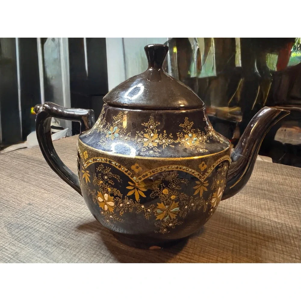 Vintage Moriage Style Teapot Black Gold Floral Made in England Decorative Teawar